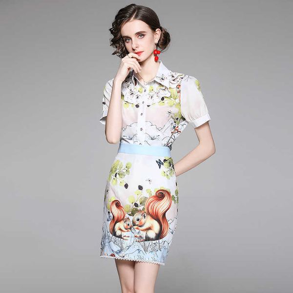

women summer designer elegant print office party two piece sets female short sleeve ruffles shirt + fashion pencil skirt set 210525, White