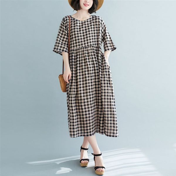 

women cotton linen casual dress new arrival summer simple style vintage plaid loose comfortable female long dresses s3782 210412, Black;gray
