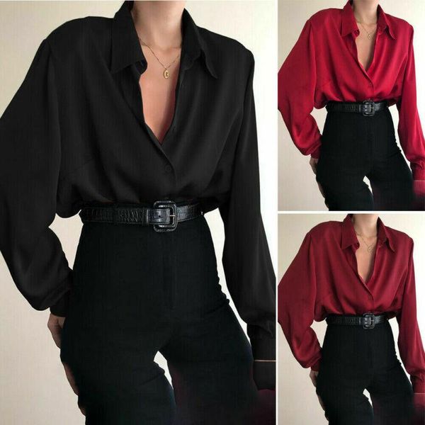 

autumn womens button ladies long sleeve casual v-neck loose blouse women's blouses & shirts, White