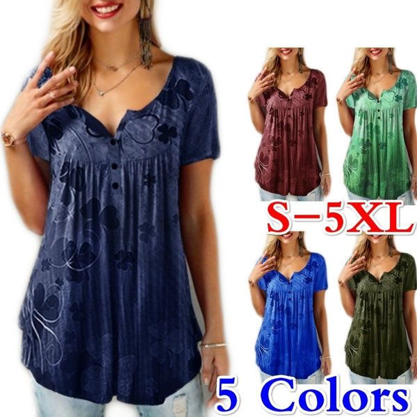 

women's fashion short sleeves loose pleat blouse button t shirt plus size s-5xl, White