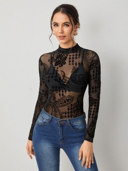 

paisley print sheer mesh without bra x1m6#, White