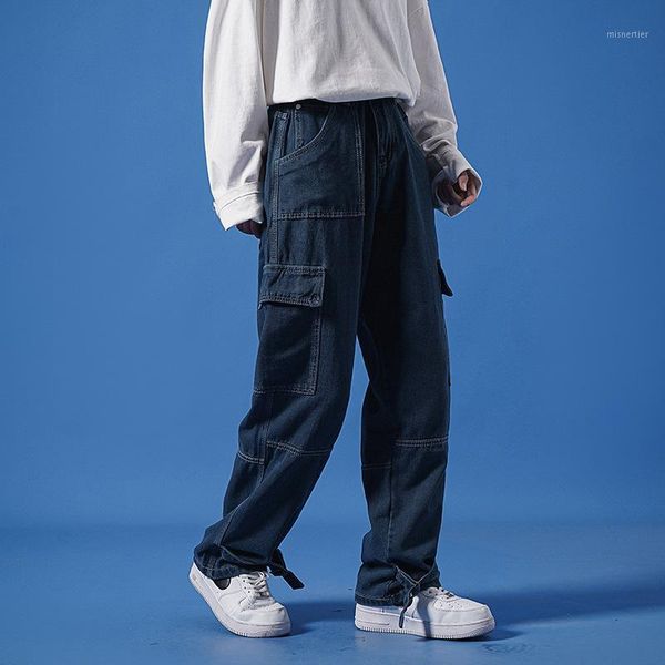 

men's pants men casual jeans loose cargo straight fashion streetwear male trousers women denim, Black