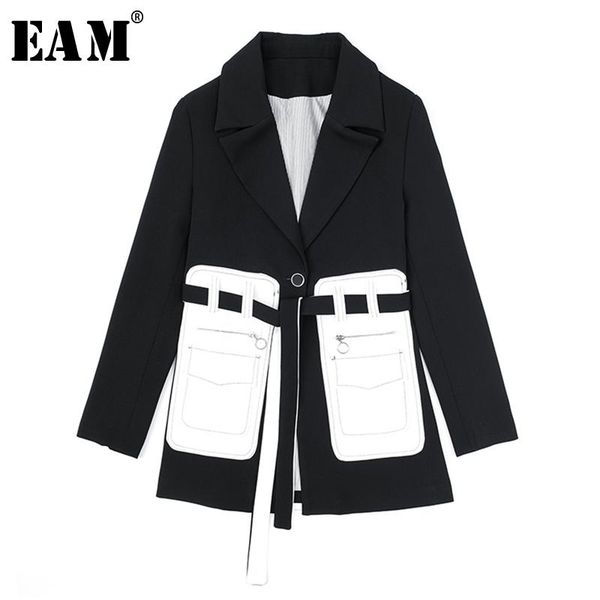 

women's suits & blazers [eam] women black pocket split temperament blazer lapel long sleeve loose fit jacket fashion spring autumn 2021, White;black