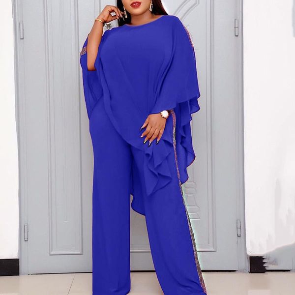 

two piece dress elegant sets women chiffon cloak and sequins patchwork wide legs jumpsuits office suits plus size 3xl, White
