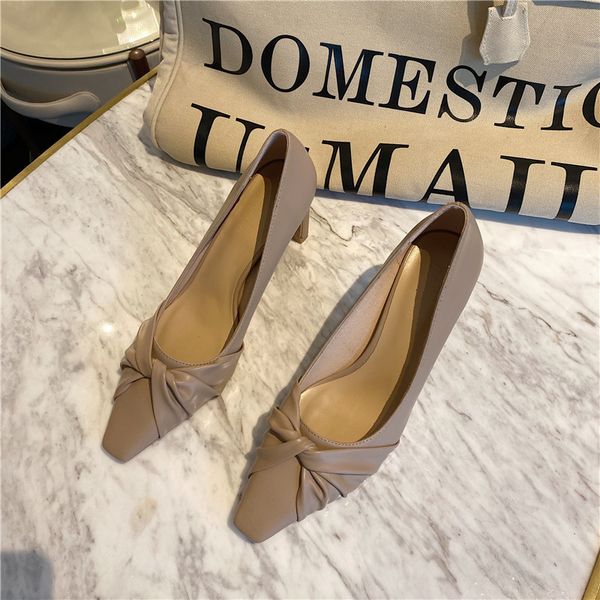 

high heels women pumps small square toe slip on thick high heels office shoes mules summer work pumps black beige khaki 210513