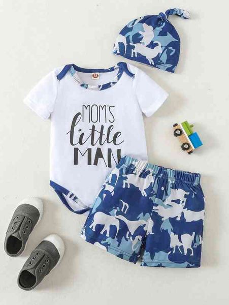 

baby letter graphic ringer bodysuit & animal print shorts & hat she, White