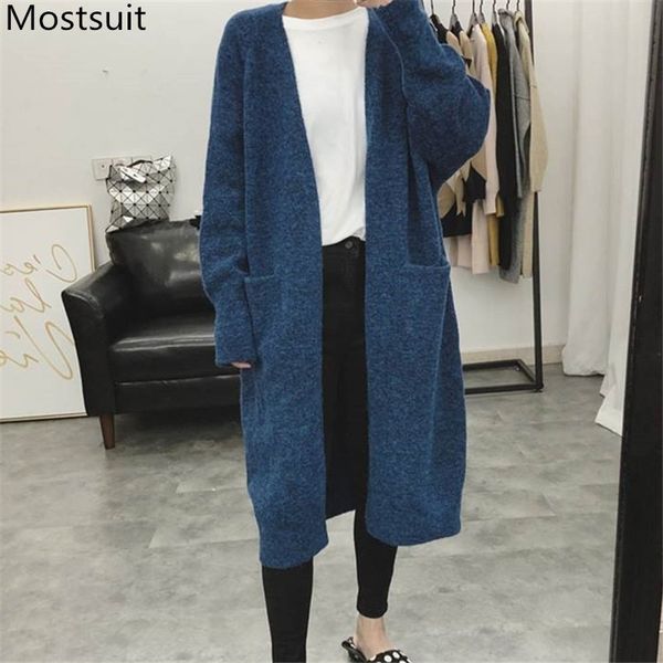 

autumn korean casual women cardigans sweaters long sleeve v-neck pockets solid loose fashion vintage femme 210514, White;black