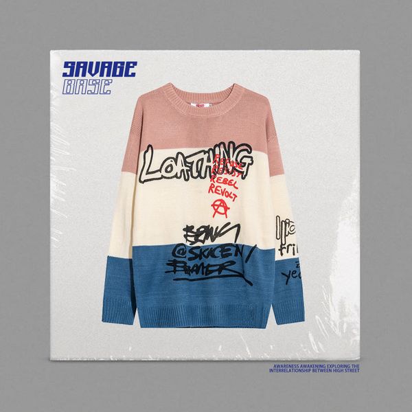 

spring and autumn new striped couple's t-shirt graffiti letter lazy style korean loose round neck sweater for men and women, White;black