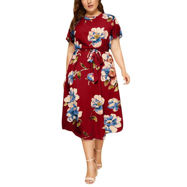 

factory6mkn factory0ttv waist women's large print round neck short sleeve dress medium length chiffon skirt, Black;gray