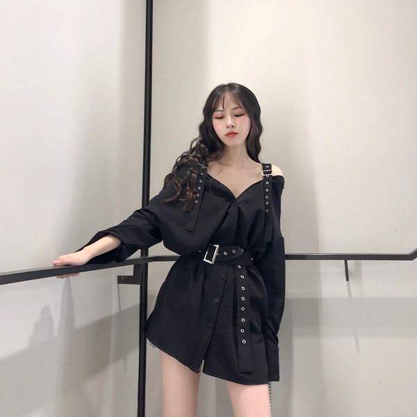

women's two piece pants slash neck strapless shirt sashes design medium-long blouse dress chic long sleeve blusas to, White