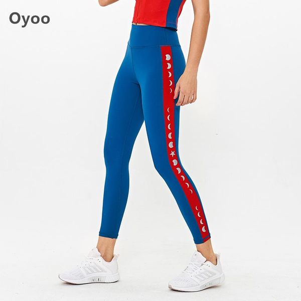 

yoga outfits oyoo moon print contrast color sport leggings high waists compression pants women nylon workout running tights, White;red