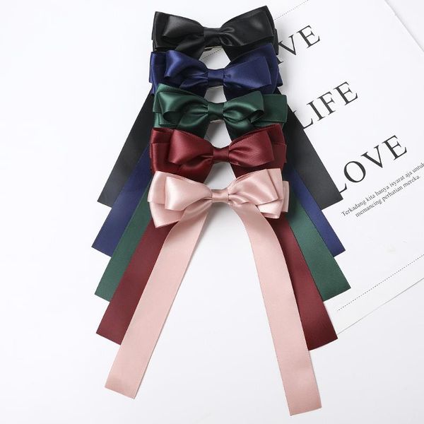 

hair accessories fabric satin double-sided ribbon bow hairpin solid color long spring clip, Slivery;white