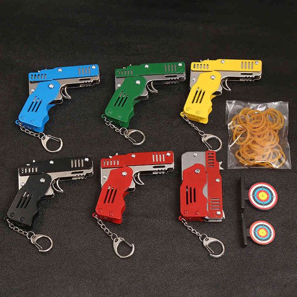 

key chain foldable rubber band gun children's toys metal cardboard packaging boys' gifts hands-on, Silver