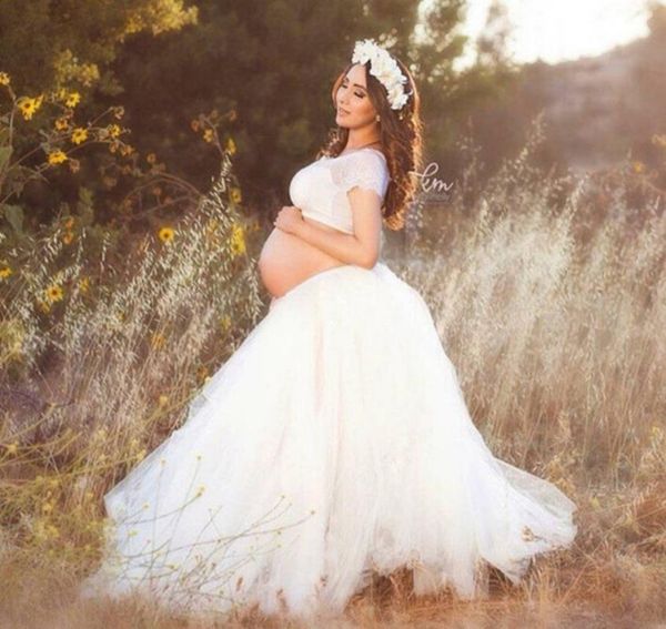 

other wedding dresses two pieces crew short sleeves bridal gowns for pregnant vestido de noiva princesa lace bodice beach robe, White