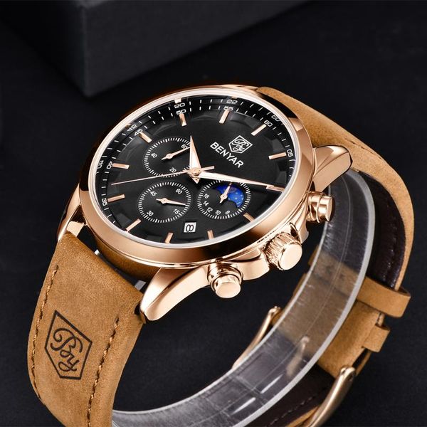 

wristwatches benyar men watch brand leather quartz watches waterproof 30m chronograph sports leisure military reloj hombre, Slivery;brown
