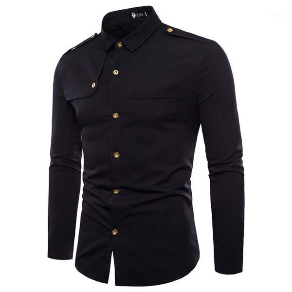 Männer Hemd Lässig Einfarbig Mode Epauletten Cargo Shirts Lange-Sleeve Männlich Slim Fit Camisa Masculina Chemise Homme