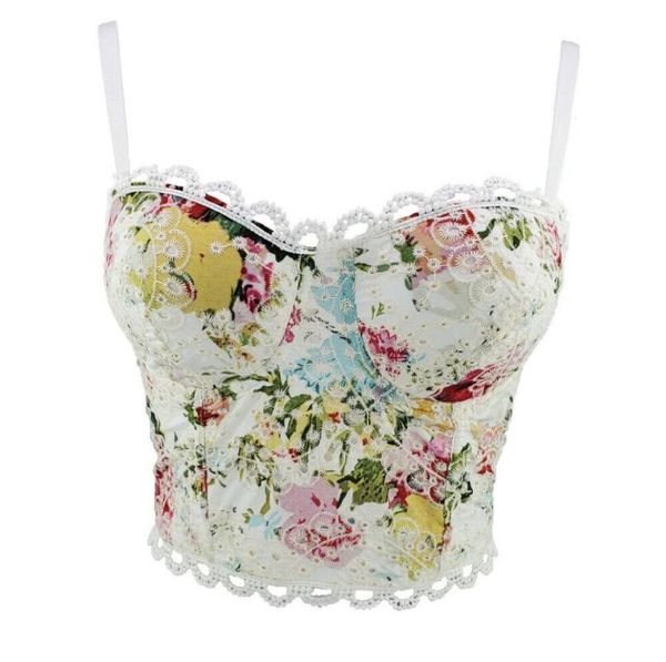 

women's t-shirt ladies sling corset bustier crop lace floral bralette bralet bra cami tank cotton print, White