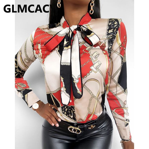 

women tie neck scarf print long sleeve casual shirt elegant blouse, White