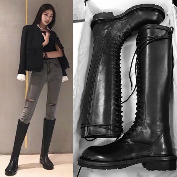 

boots cinto feminino d couro lgÃ­timo com fivla mtal, botas longas cano alto amarra cruzada, para primavra outono 73wy, Black