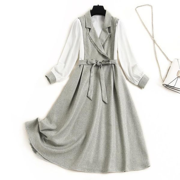 

casual dresses european boutique women's fashion stitching dress 2021 autumn lapel a- line belt vestido oodji 15397, Black;gray