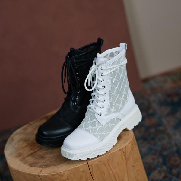 

boots osunlina 2021 summer ankle woman square toe heels genuine leather breathable mesh lace up concise handmade shoes, Black