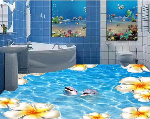 Wallpapers 3d piso pintura papel de parede mar água golfinho flor tipas impermeáveis ​​murais de parede