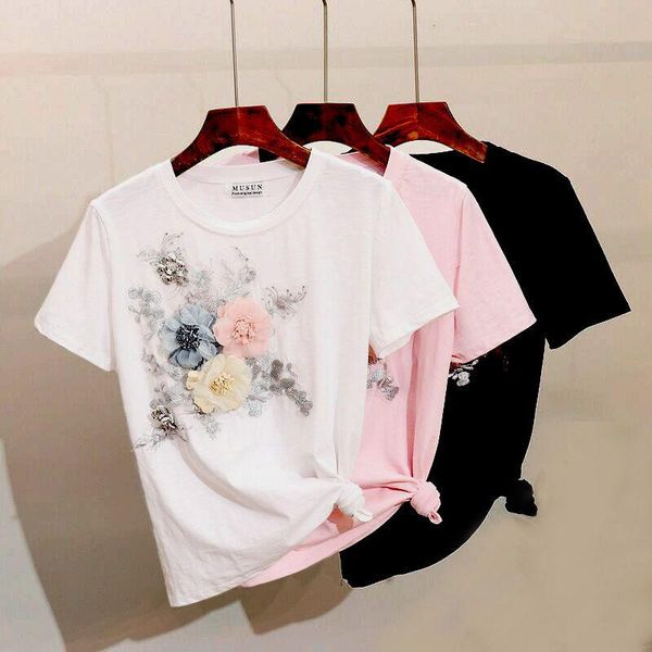 

summer embroidery t-shirt short-sleeved female korean round neck fllowers embroidered shirts office lady women's, White