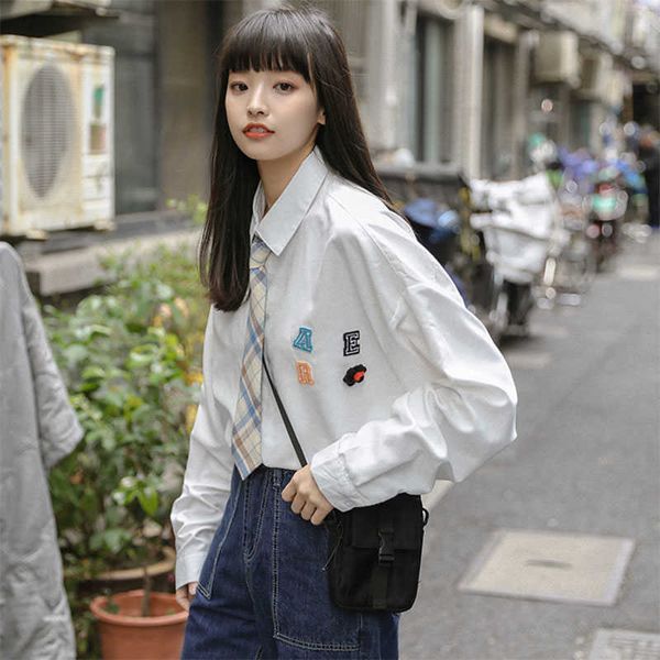 

spring preppy style women long sleeve loose white shirts girl student turn-down collar casual blouse femme v257 210608