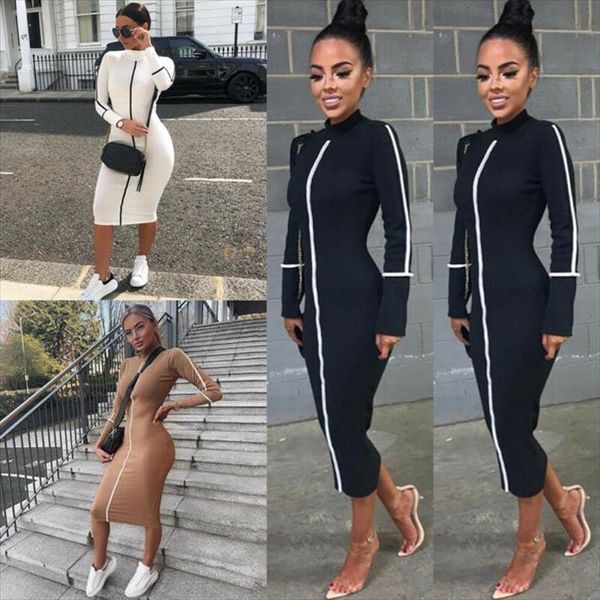 

arrival temperament summer womens dress long sleeve contrast color fitness pencil midi bodycoon, Black;gray