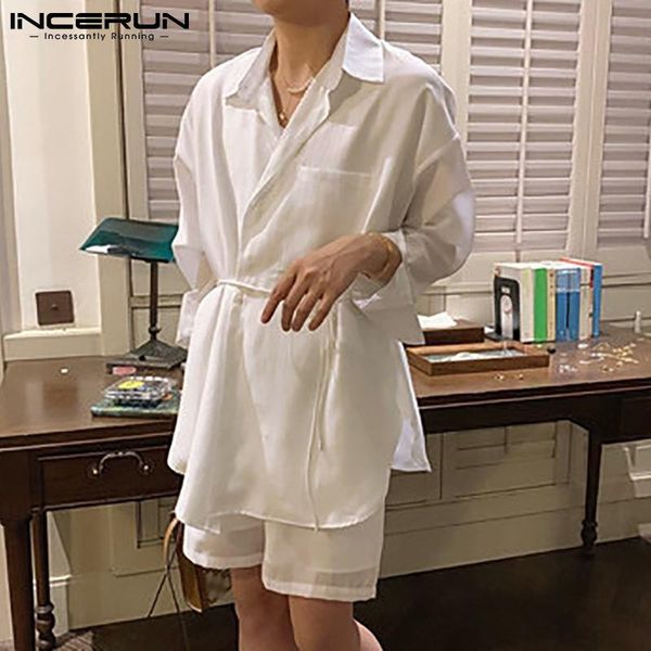 

men's tracksuits 2021 summer korean style men lazy stylish leisure long sleeve shorts suit casual solid color s-5xl incerun, Gray
