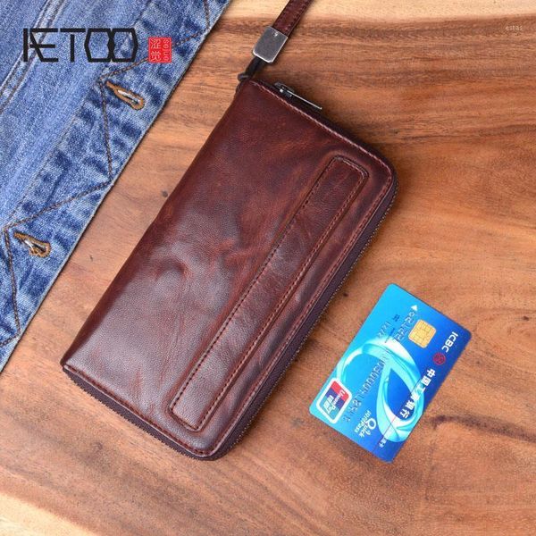 

wallets aetoo original retro handmade vegetable tanned cowhide wallet men's long old pleated large capacity zipper mobile1, Red;black