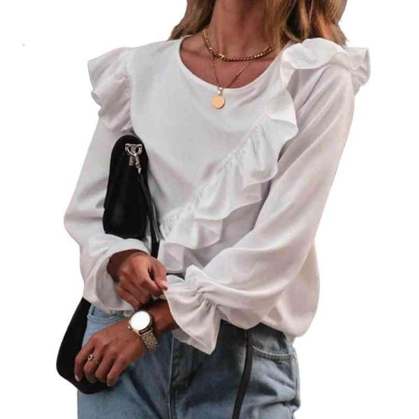 

spring autumn blouse women solid color ruffle trim t-shirt o neck long sleeve casual cropped fashion shirt, White