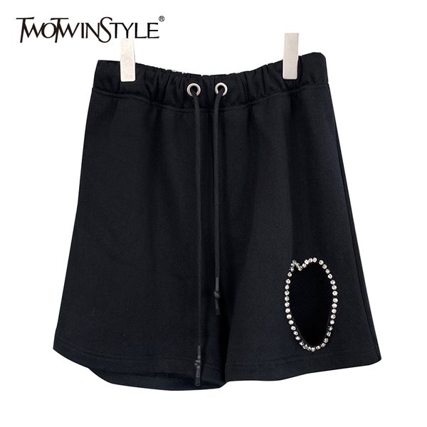 

pink casual short for women high waist drawstring hollow out patchwork diamond loose shorts female summer tide 210428, White;black