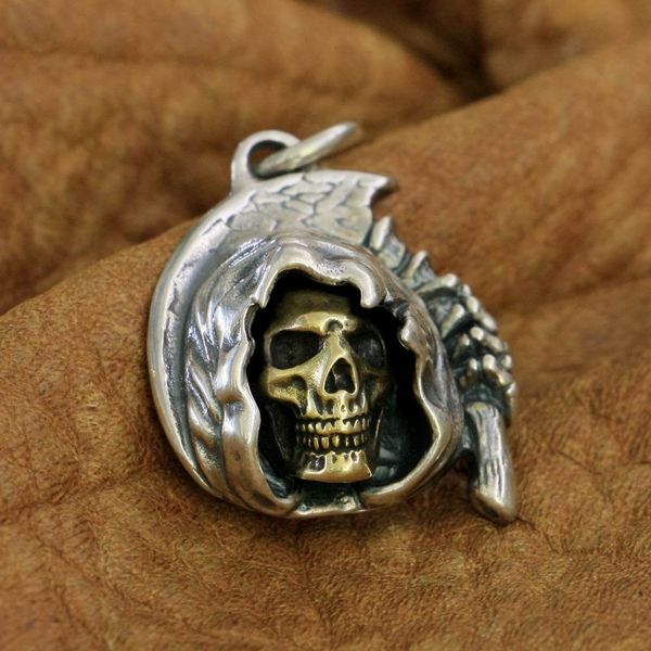 

925 sterling silver sickle death brass skull mens biker rock punk pendant ta53b