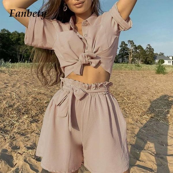 

women's tracksuits summer pure color single-breasted short sleeve shirt and shorts suit 2021 women casual sport loose two piece set bea, Gray