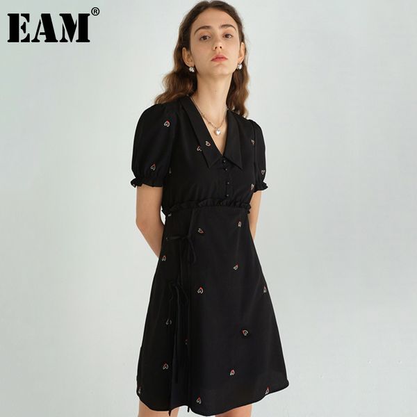 

[eam] women black embroidery casual dress lapel puff sleeve loose fit fashion spring summer 1dd6870 21512, Black;gray