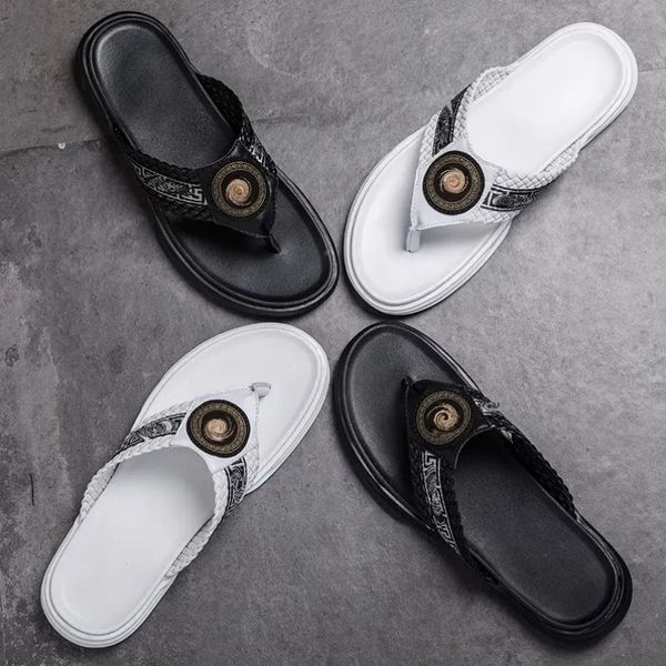 

summer men's herringbone slippers non slip beach pu leather flat bottom leisure and comfortable classic british style hm251, Black