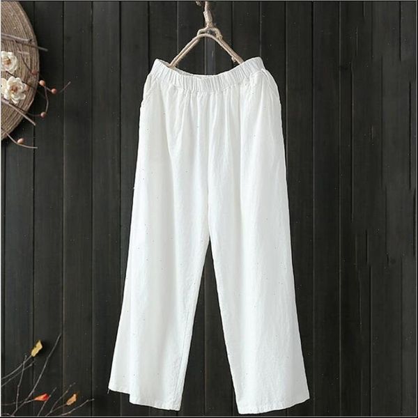 

plus size white women capris cotton pants summer elastic waist loose black wide leg womens pocket ankle length, Black;white