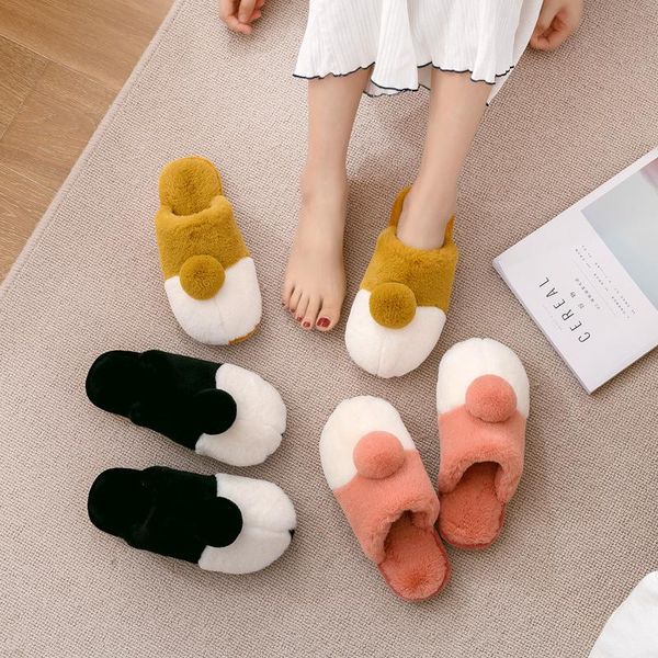

winter indoor women plush slippers cute ball bedroom flat couples fur shoe comfortable house ladies furry footwear, Black