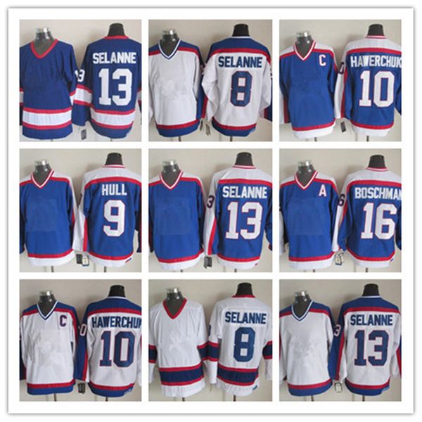 

mens vintage ccm 10 dale hawerchuk hockey jersey teemu selanne jerseys 8 selanne 9 bobby hull laurie boschman retro jersey blue white, Black;red