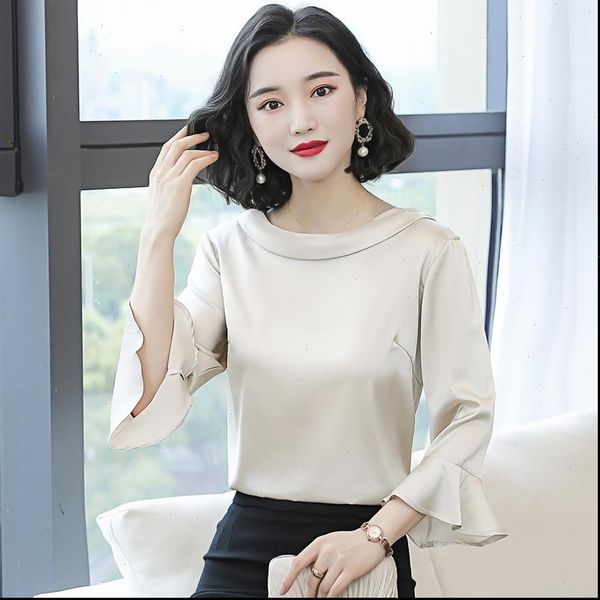 

korean silk satin women shirt flare sleeve plus size blusas mujer de moda, White