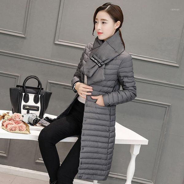 

women's down & parkas winter wadded jackets women ultra light long slim cotton padded coat female outwear scarf plus size lx993, Black