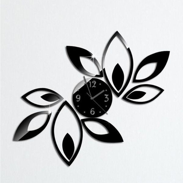 

clocks silver black big flower quartz acrylic mirror wall clock mode modern design luxury watch