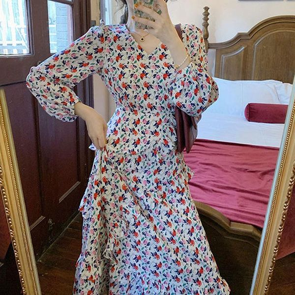 

casual dresses floral fairy dress women elegant print party midi long sleeve chiffon vintage korean 2021 autumn women's clothing, Black;gray