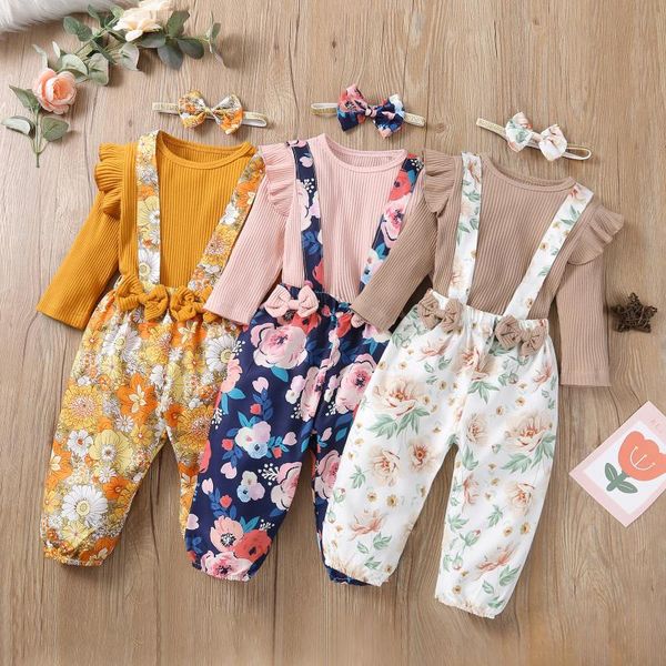 

clothing sets autumn 3pcs baby girls casual outfits ribbed sleeve o-neck pullovers flower print suspender pants bow headband, White