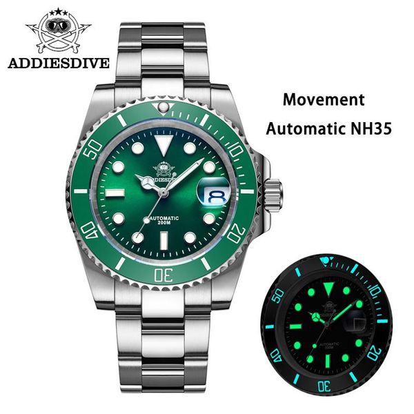 

wristwatches addies dive men 200m diving series watch green quartz calendar display stainless steel strap super luminous watches, Slivery;brown