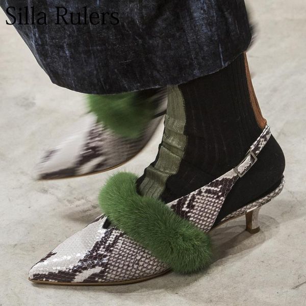 

slippers silla rulers 2021 ladies genuine leather fur half pointed toe close mid high heels women shoes zapatos de mujer, Black