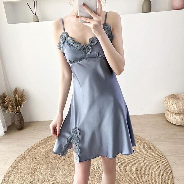 

women's sleepwear summer women lace night dress deep v mini thin fashion satin solid nightgown noble ladies lingerie sleepshirt xxl, Black;red