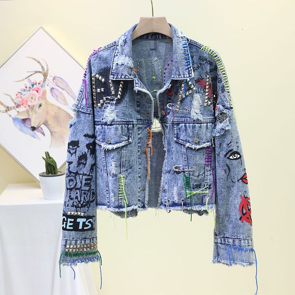 

nova feminino 2020 primavera jeans feminina jaquetas estilo inglaterra casaco senhoras graffiti preto denim jaqueta, Blue