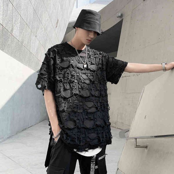 

men's jackets high street irregular ripped holes black shirt men hip hop loose streetwear harajuku tshirts designer short sleeve c, Black;brown